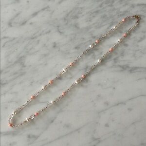 Hand knotted gemstone necklace in pearl, coral and citrine